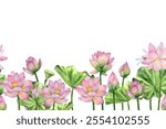 Pink lotus flowers, buds and leaves. Watercolor painted seamless composition, banner, pattern. For design, decoration of invitations, websites, printing, textiles