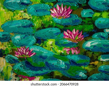 Pink Lotus Flowers In The Pond, Oil Painting.