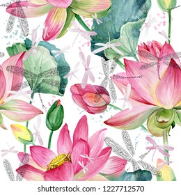 pink lotus flowers seamless  background. watercolor botanical pattern. dragonfly illustration. 