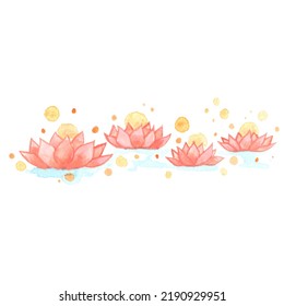 Pink Lotus Lantern Floating On Water Watercolor Illustration For Mid Year Festival And Loy Kra Thong Festival.