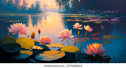 Pink lotus oil painting beautiful scenery quit pond. Nature landscape blooming lake flowers water sunny summer weather interior poster design illustration - Powered by Shutterstock