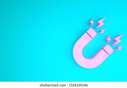 Pink Magnet with lightning icon isolated on blue background. Horseshoe magnet, magnetism, magnetize, attraction sign. Minimalism concept. 3d illustration 3D render