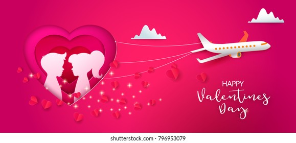 Pink Male And Female Silhouette In Layered Design Heart And Fly Airplane. Happy Valentines Day Web Banner. Boy And Girl Faces Profile In Paper Cut Out Art Style. Couple. Origami Love. February Holiday