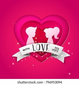 Pink Male And Female Silhouette In Layered Design Heart And Ribbon With Love. Boy And Girl Teens Faces Profile In Paper Cut Out Art Style. Couple Portrait. Origami. Romantic February Holiday Card