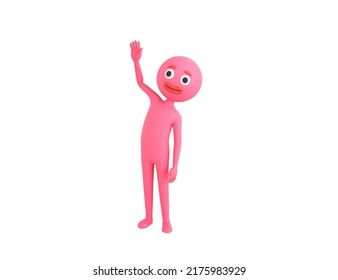 Pink Man Character Raising Right Hand In 3d Rendering.