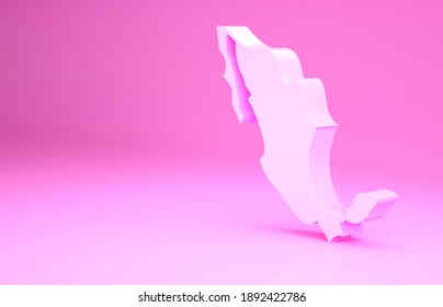 Pink Map of mexican icon isolated on pink background. Minimalism concept. 3d illustration 3D render.