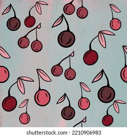 Pink Maroon And Red Cherry Seamless Textile Surface Pattern With Blue Green Wash Background With Light Pink Leaves