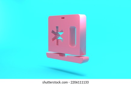 Pink Medical Clinical Record On Laptop Icon Isolated On Turquoise Blue Background. Health Insurance Form. Medical Check Marks Report. Minimalism Concept. 3D Render Illustration.