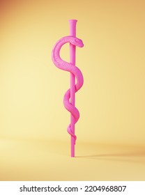 Pink Medical Symbol Egyptian Serpent Snake Staff Rod Of Asclepius With Yellow Beige Background 3d Illustration Render