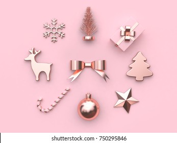 pink metallic glossy-rose gold abstract bow ribbon christmas ball star tree gift box snow reindeer candy christmas holiday new year concept 3d rendering