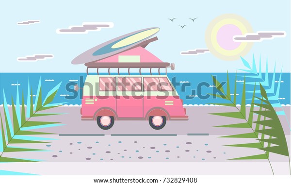Pink mini van with surf\
Board on the roof on the sea beach. Illustration in flat style.\
Raster version.