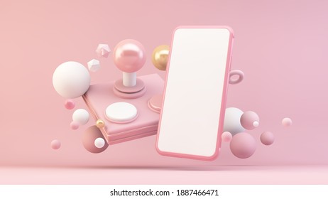 Pink Mobile Phone Mockup With Retro Joystick 3d Rendering