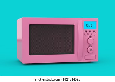 Pink Modern Microwave Oven As Duotone Style On A Blue Background. 3d Rendering