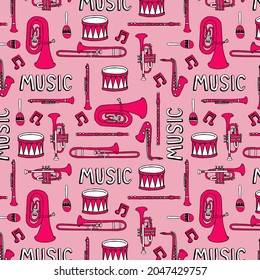Pink music instruments pattern background