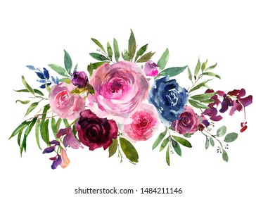 Pink Navy Blue Watercolor Floral Bouquet Stock Illustration 1484211146 ...