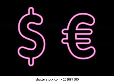 Pink Neon Dollar And Euro Signs On Black Background