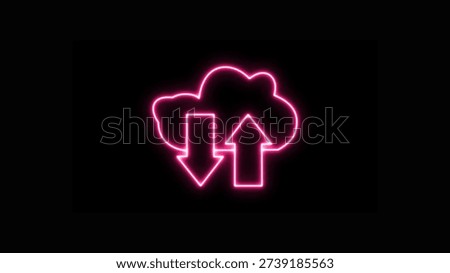 Pink neon glowing cloud computing icon with up and down arrows representing data transfer, digital storage, and network synchronization, isolated on black background.