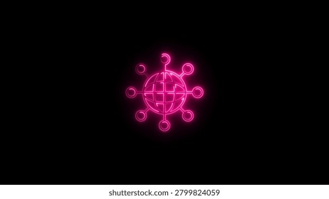 Pink neon glowing network with interconnected nodes and a central globe on a dark background Clear details and vibrant colors enhance visual appeal.