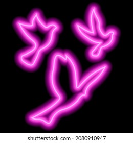 Pink Neon Silhouettes Of Three Birds Flying In The Sky On Black. Freedom, Flight, Upward Movement. Illustration