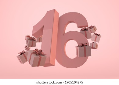 Pink number 16. Sweet sixteen Birthday concept with gift boxes. 3D Render - Powered by Shutterstock