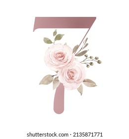 Pink Number 7 Watercolor Flowers Roses Stock Illustration 2135871771 ...