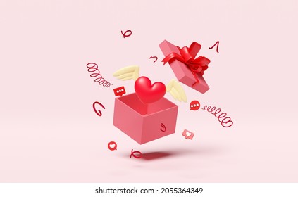 pink open gift box with red heart and wings isolated on pink. christmas and new year day, health love or world heart day, valentine's day concept, minimal abstract, 3d illustration or 3d render
