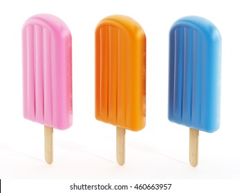 Pink, orange and blue ice creams on wooden stick. 3D illustration.