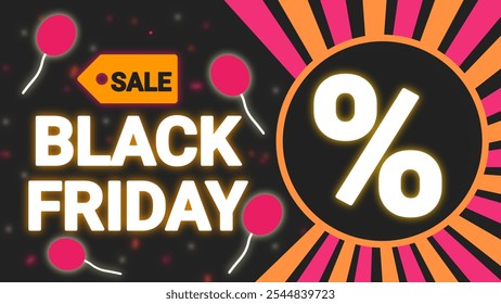 Pink and orange colorful black friday deal promotion banner design with glowing typography,  price tag, balloons  and percentage sign on a black background  - Powered by Shutterstock