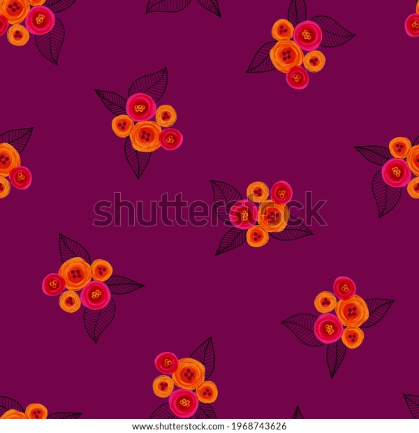 ピンクのオレンジ色の紫のシームレスな花柄 繰り返す背景にペイントされた花 織物 ファッション 布地 壁紙 夏用のシームレスな表面パターンデザイン のイラスト素材