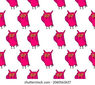 pink owl cartoon animal hand drawn seamless background and white background,pattern animal