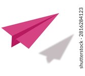 Pink Paper Airplane with Shadow Vector Illustration | Minimal Origami Flying Plane Icon