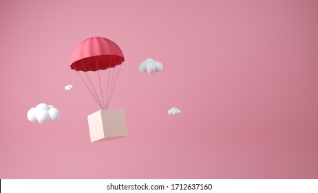Розовые предметы доставки парашюта прыгают в воздух, а белые облачно. Концепт-дизайн парашюта 3D. Розовый фон. Транспортировка в воздухе, концепция 3D-модели.