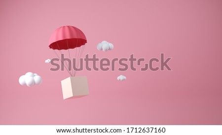 Pink parachute delivery objects jump down in the air while the white cloudy. Parachute 3D concept design. Pink background. Transportation on the air, 3D model concept. ストックフォト © 