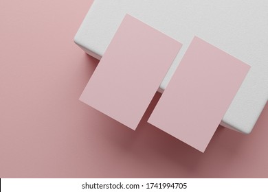 Pink Pastel Business Card Paper Mockup Template With Blank Space Cover For Insert Company Logo Or Personal Identity On Cardboard Background. Modern Style Stationery Concept. 3D Illustration Render