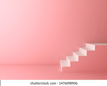 Pink pastel color room background and white stairs 3D rendering