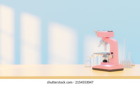 Pink Pastel Microscope On Table With Test Tubes. In The Blue Lab. Space For Banner And Logo. Science And Laboratory Background Concept, 3D Render.