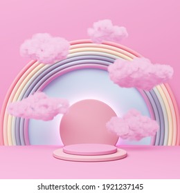 Pink pastel podium display cloud float rainbow girly advertising cute background celebrate sweet. kid playground colorful. put lovely gift for birthday, Christmas, New Year festival. 3D Illustration.