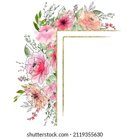 Pink and peach rose Corner. Polygonal Gold foil Floral Border. Orange and peach flowers Frame. Hand painted linear illustration. Spring frame isolated on white. Gold Glitter Flower Frame