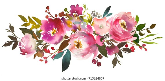 Pink Peach Watercolor Floral Frame Peonies Roses Leaves Isolated on White Background - Powered by Shutterstock