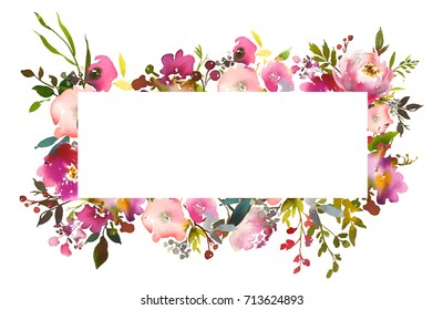 Pink Peach Watercolor Floral Frame Peonies Roses Leaves Isolated on White Background - Powered by Shutterstock