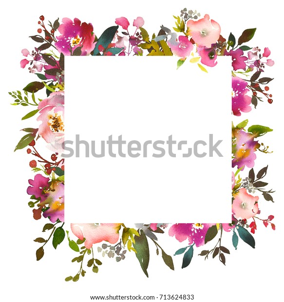 白い背景にピンクの桃の水色の花柄の枠の白いバラの葉 のイラスト素材