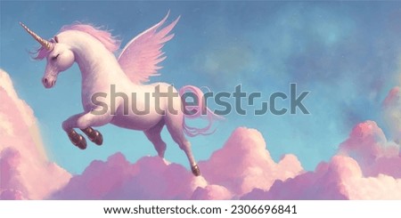 Pink Pegasus pony unicorn horse with wings and horn flaying in the heaven sky with fluffy clouds. Kawaii magic cute fairy tale pastel girly drawing illustration.Childish wallpaper banner background.