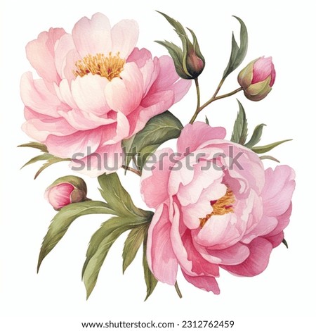 Pink Peonies Flowers isolated watercolor illustration painting botanical art transparent white background greeting card stationary wedding bridal home decor