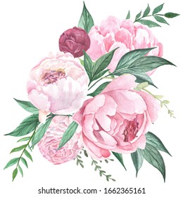 Pink peonies with green leaves bouquet. Wedding invitation template with watercolor floral element.