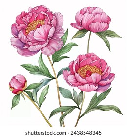 Pink Peonies Peony Flowers isolated watercolor illustration painting botanical art transparent white background greeting card stationary wedding bridal home decor - Powered by Shutterstock