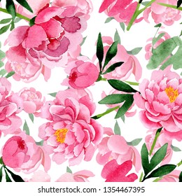 Pink peony botanical flowers. Wild spring leaf wildflower isolated. Watercolor illustration set. Watercolour drawing fashion aquarelle. Seamless background pattern. Fabric wallpaper print texture.
