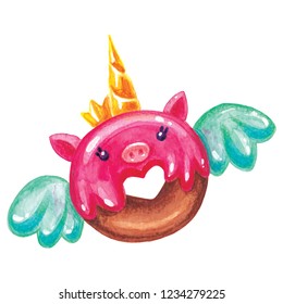 Pink pig donut also wants to be a unicorn, so he grew small wings, created with watercolor and magic - Powered by Shutterstock