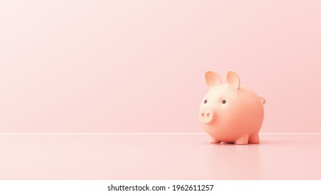 Pink Pig Piggy Bank On A Pink Interior Background. 3d Render Illustration For Advertising.