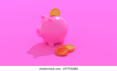 Pink piggy bank with blank golden coins. Personal savings abstract financial symbolics. 3D illustration.