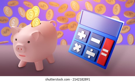 Pink piggy bank with calculator. Accounting and money savings concept. Savings of money. Financial literacy. Dollar coins fall into the piggy bank. Accumulation of financial capital. 3d image - Powered by Shutterstock